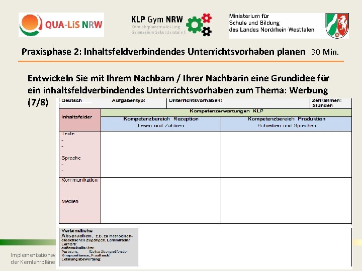 Praxisphase 2: Inhaltsfeldverbindendes Unterrichtsvorhaben planen 30 Min. Entwickeln Sie mit Ihrem Nachbarn / Ihrer