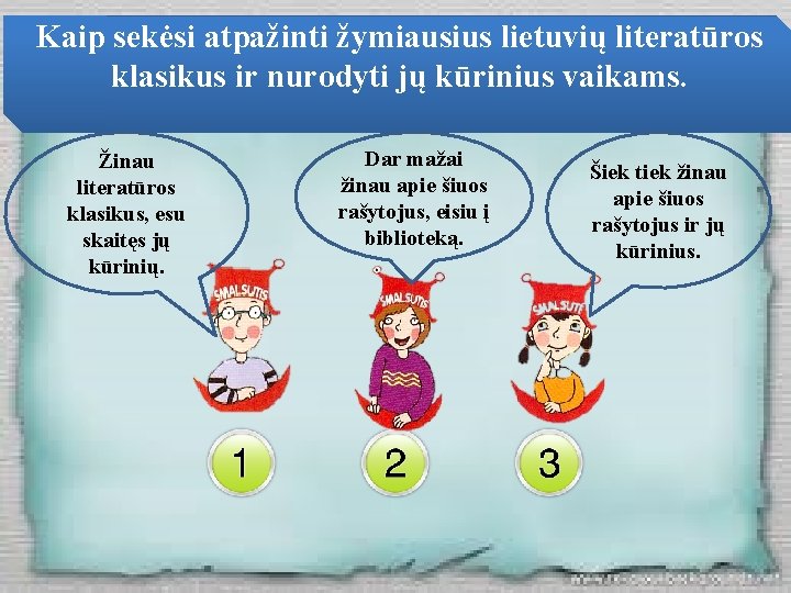 Kaip sekėsi atpažinti žymiausius lietuvių literatūros klasikus ir nurodyti jų kūrinius vaikams. Žinau literatūros