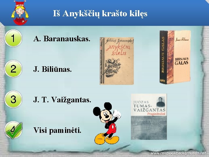 Iš Anykščių krašto kilęs A. Baranauskas. J. Biliūnas. J. T. Vaižgantas. Visi paminėti. 