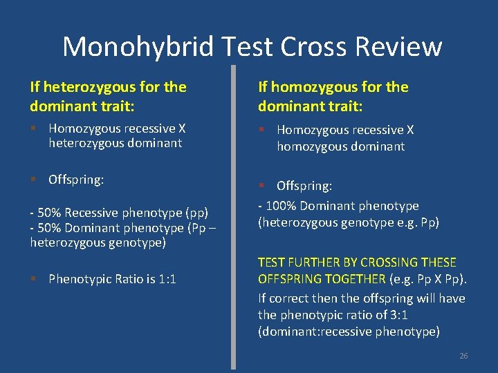 Monohybrid Test Cross Review If heterozygous for the dominant trait: If homozygous for the