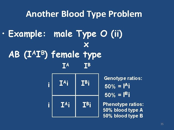 Another Blood Type Problem • Example: male Type O (ii) x AB (IAIB) female