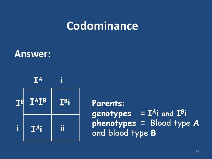 Codominance Answer: IA i IB I AI B I Bi i I Ai ii