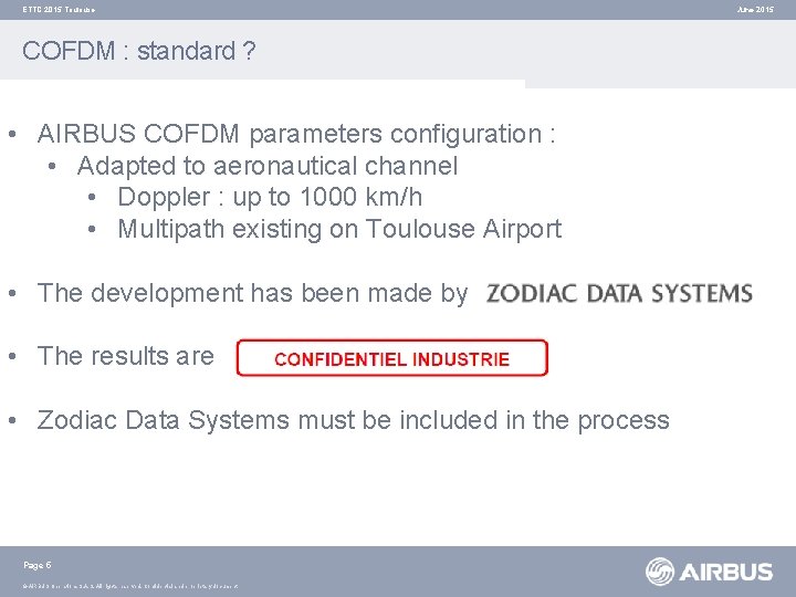 ETTC 2015 Toulouse COFDM : standard ? • AIRBUS COFDM parameters configuration : •