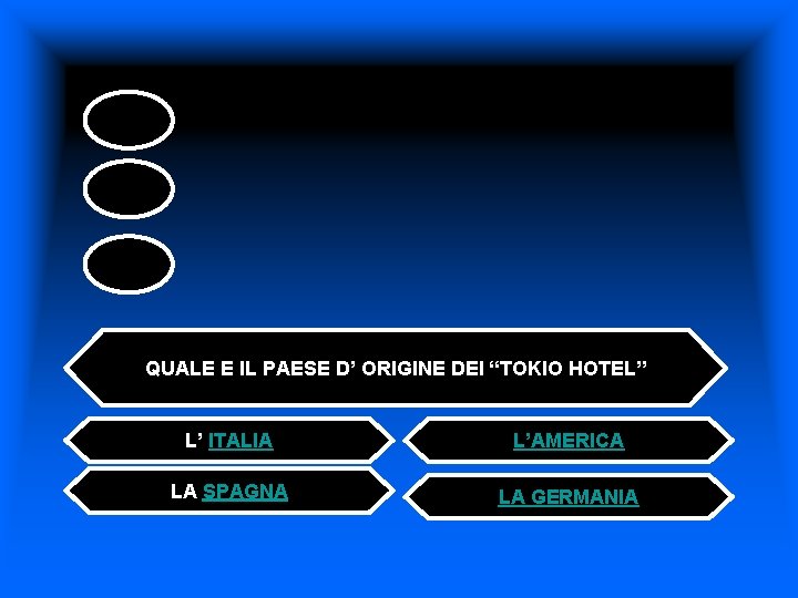 QUALE E IL PAESE D’ ORIGINE DEI “TOKIO HOTEL” L’ ITALIA L’AMERICA LA SPAGNA