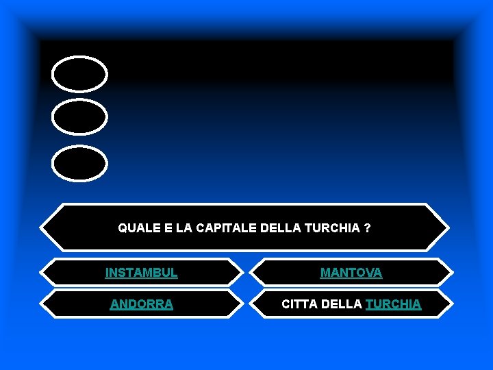QUALE E LA CAPITALE DELLA TURCHIA ? INSTAMBUL MANTOVA ANDORRA CITTA DELLA TURCHIA 