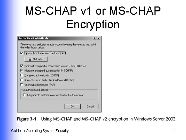 MS-CHAP v 1 or MS-CHAP Encryption Guide to Operating System Security 11 