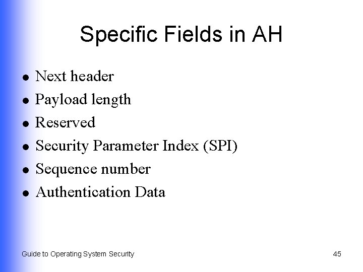 Specific Fields in AH l l l Next header Payload length Reserved Security Parameter