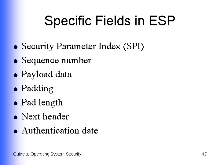 Specific Fields in ESP l l l l Security Parameter Index (SPI) Sequence number