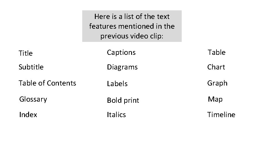 Here is a list of the text features mentioned in the previous video clip: