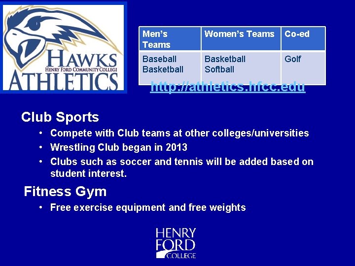 Men’s Teams Women’s Teams Co-ed Baseball Basketball Softball Golf http: //athletics. hfcc. edu Club
