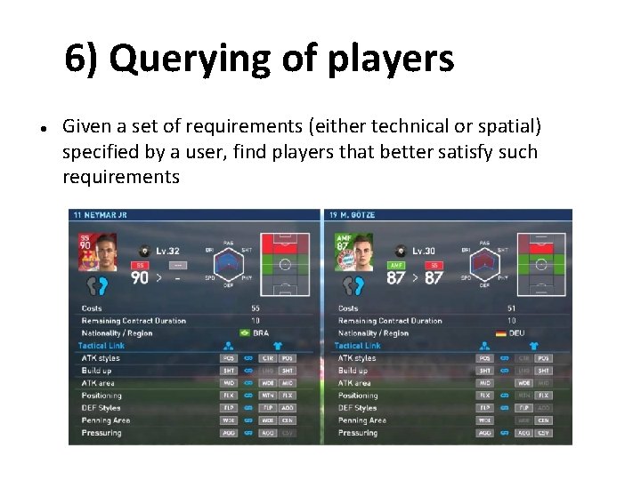 6) Querying of players Given a set of requirements (either technical or spatial) specified