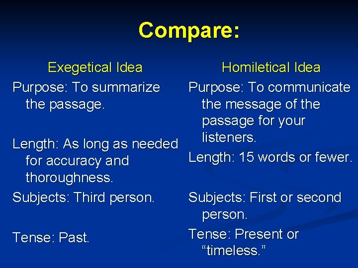 Compare: Exegetical Idea Purpose: To summarize the passage. Homiletical Idea Purpose: To communicate the