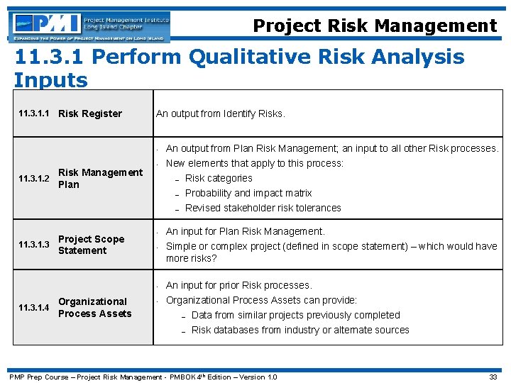 Project Risk Management 11. 3. 1 Perform Qualitative Risk Analysis Inputs 11. 3. 1.