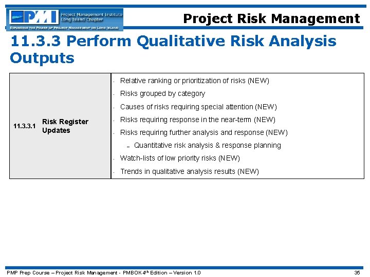 Project Risk Management 11. 3. 3 Perform Qualitative Risk Analysis Outputs 11. 3. 3.