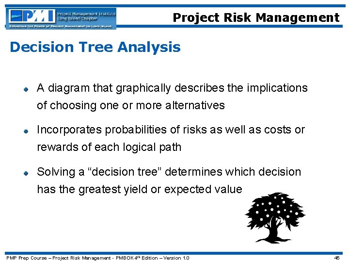 Project Risk Management Decision Tree Analysis A diagram that graphically describes the implications of