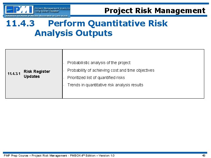 Project Risk Management 11. 4. 3 Perform Quantitative Risk Analysis Outputs 11. 4. 3.