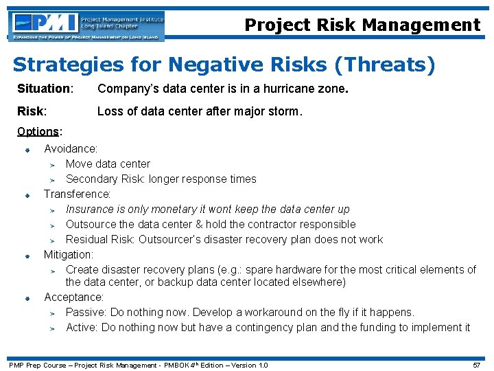 Project Risk Management Strategies for Negative Risks (Threats) Situation: Company’s data center is in