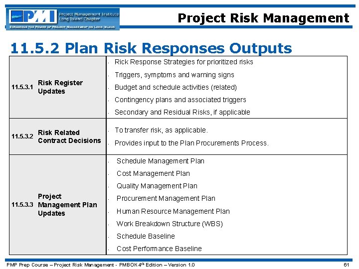 Project Risk Management 11. 5. 2 Plan Risk Responses Outputs 11. 5. 3. 1