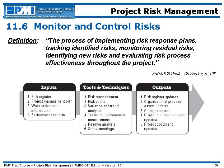 Project Risk Management 11. 6 Monitor and Control Risks Definition: “The process of implementing