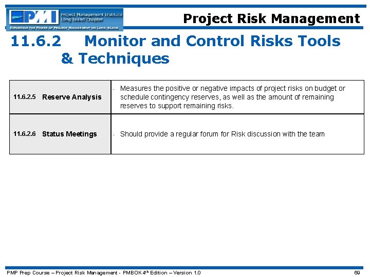 Project Risk Management 11. 6. 2 Monitor and Control Risks Tools & Techniques •