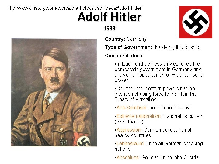 http: //www. history. com/topics/the-holocaust/videos#adolf-hitler Adolf Hitler 1933 Country: Germany Type of Government: Nazism (dictatorship)