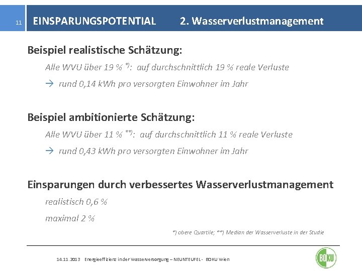 11 EINSPARUNGSPOTENTIAL 2. Wasserverlustmanagement Beispiel realistische Schätzung: Alle WVU über 19 % *): auf