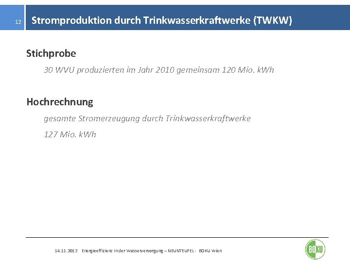 12 Stromproduktion durch Trinkwasserkraftwerke (TWKW) Stichprobe 30 WVU produzierten im Jahr 2010 gemeinsam 120