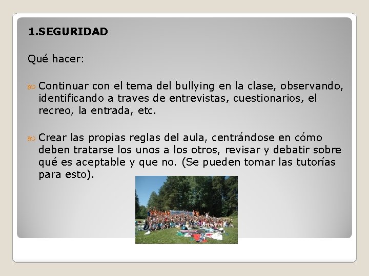 1. SEGURIDAD Qué hacer: Continuar con el tema del bullying en la clase, observando,