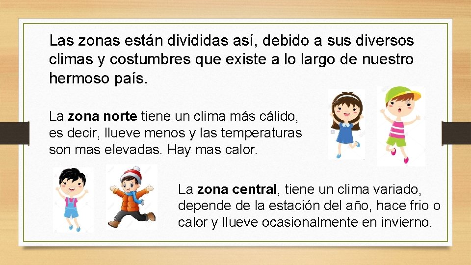 Las zonas están divididas así, debido a sus diversos climas y costumbres que existe