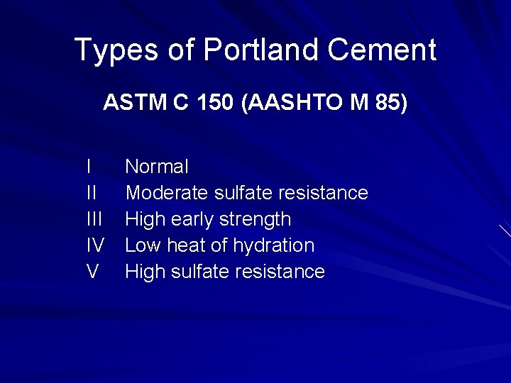 Types of Portland Cement ASTM C 150 (AASHTO M 85) I II IV V