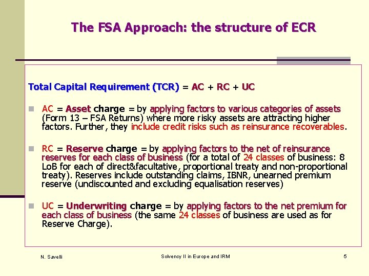 The FSA Approach: the structure of ECR Total Capital Requirement (TCR) = AC +