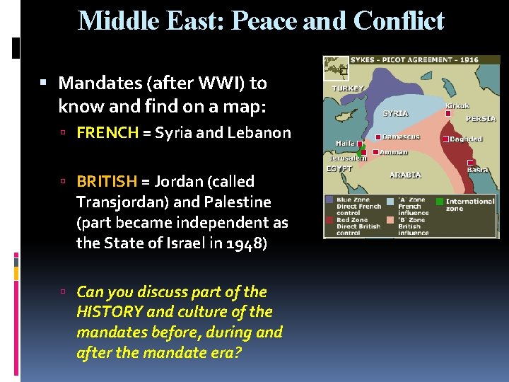 Middle East: Peace and Conflict Mandates (after WWI) to know and find on a