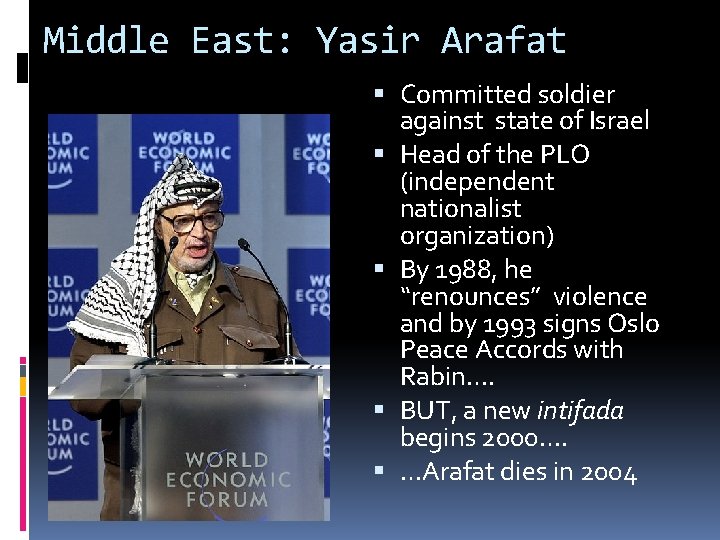 Middle East: Yasir Arafat Committed soldier against state of Israel Head of the PLO