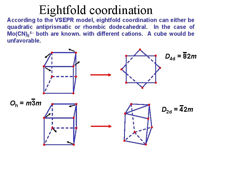 Eightfold coordination According to the VSEPR model, eightfold coordination can either be quadratic antiprismatic