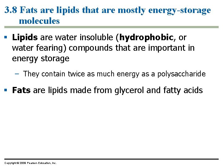 3. 8 Fats are lipids that are mostly energy-storage molecules § Lipids are water