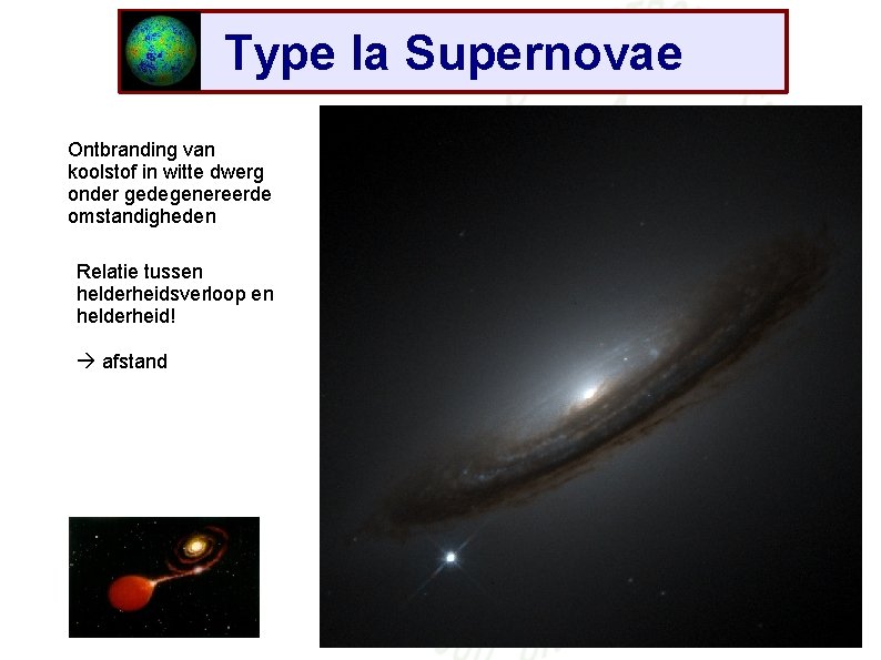 Type Ia Supernovae Ontbranding van koolstof in witte dwerg onder gedegenereerde omstandigheden Relatie tussen