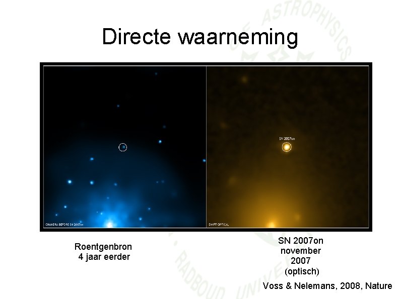 Directe waarneming Roentgenbron 4 jaar eerder SN 2007 on november 2007 (optisch) Voss &