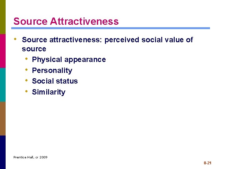 Source Attractiveness • Source attractiveness: perceived social value of source • Physical appearance •