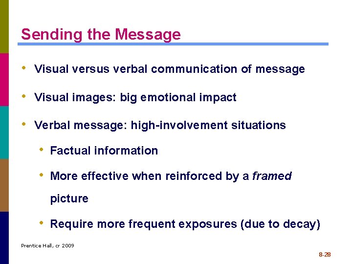 Sending the Message • Visual versus verbal communication of message • Visual images: big