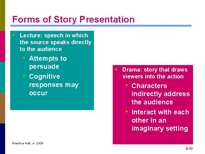 Forms of Story Presentation • Lecture: speech in which the source speaks directly to