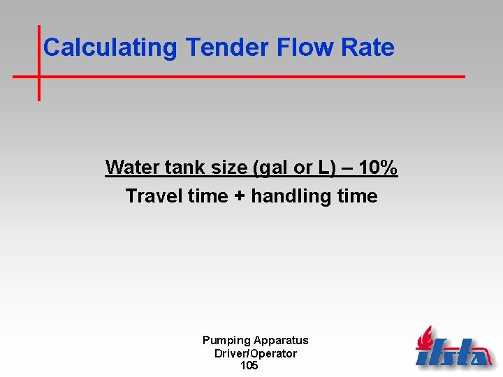 Calculating Tender Flow Rate Water tank size (gal or L) – 10% Travel time