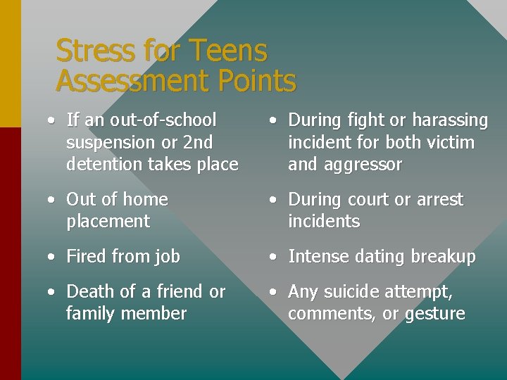 Stress for Teens Assessment Points • If an out-of-school suspension or 2 nd detention