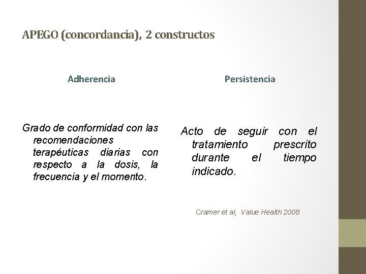 APEGO (concordancia), 2 constructos Adherencia Persistencia Grado de conformidad con las recomendaciones terapéuticas diarias