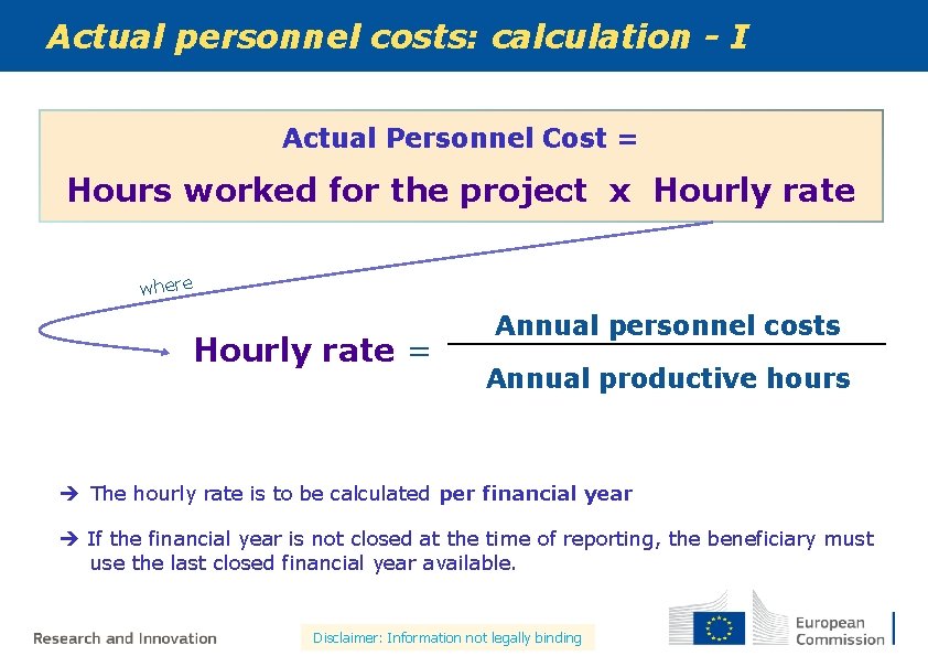 Actual personnel costs: calculation - I Actual Personnel Cost = Hours worked for the