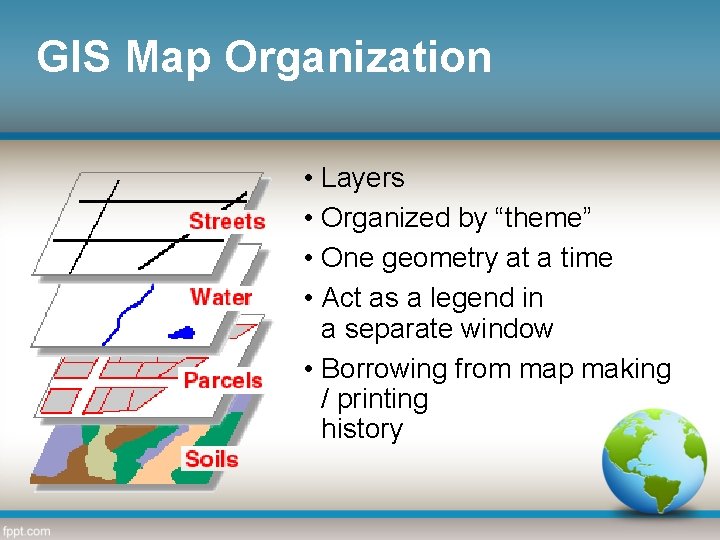 GIS Map Organization • Layers • Organized by “theme” • One geometry at a