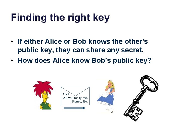 Finding the right key • If either Alice or Bob knows the other’s public