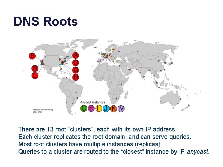 DNS Roots There are 13 root “clusters”, each with its own IP address. Each