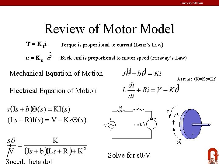 Review of Motor Model Torque is proportional to current (Lenz’s Law) Back emf is