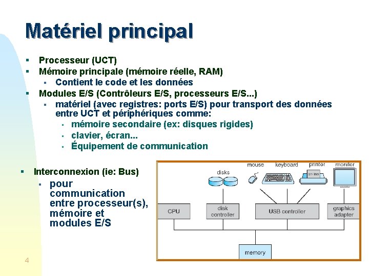 Matériel principal § § Processeur (UCT) Mémoire principale (mémoire réelle, RAM) § Contient le