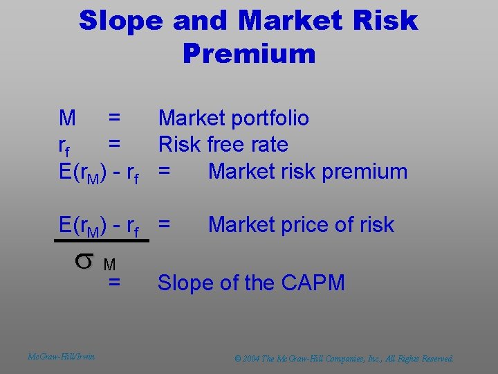 Slope and Market Risk Premium M = Market portfolio rf = Risk free rate